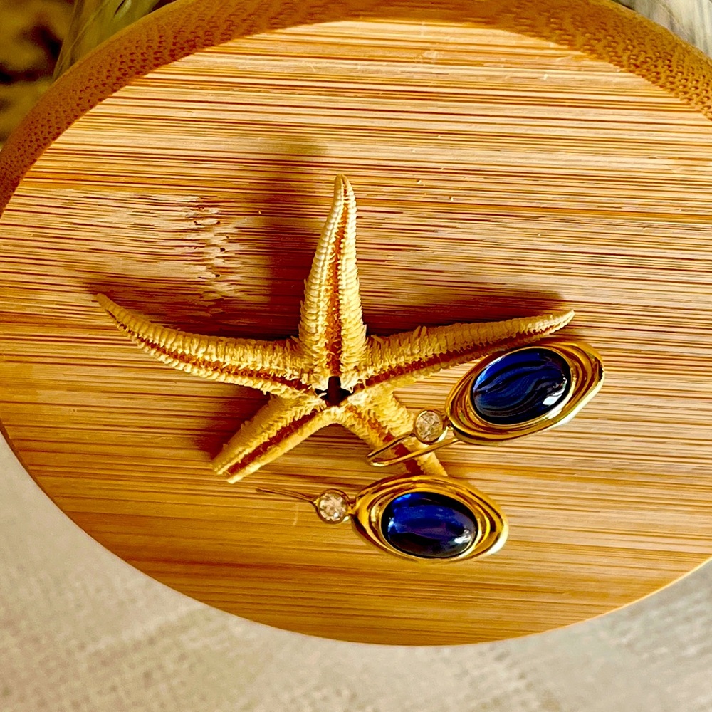 Yulia ONLY 14K Italian Yellow Gold Pomelatto style earrings with blue sapphires - Picture 11 of 13